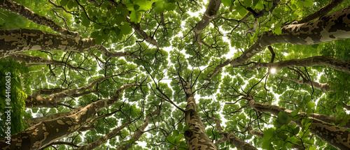 Ground-level perspective of a forest with trees showing crown shyness, their leaves barely touching, creating a natural mosaic in the sky