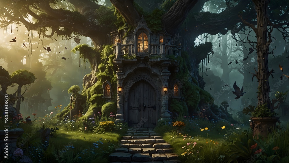 A fantasy realm where a big house serves as the gateway to other magical realms, guarded by mystical creatures ai_generated A fantasy realm where a big house serves as the gateway to other magical realms, guarded by mystical creatures ai_generated