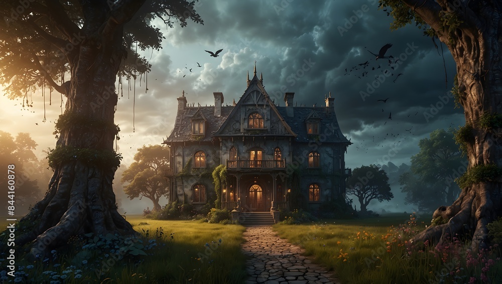 Fototapeta premium A fantasy realm where a big house serves as the gateway to other magical realms, guarded by mystical creatures ai_generated