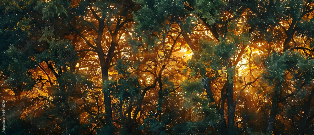Sunset casting golden hues over a forest of trees exhibiting crown shyness, the light streaming through the gaps in the foliage Sunset casting golden hues over a forest of trees exhibiting crown shyness, the light streaming through the gaps in the foliage