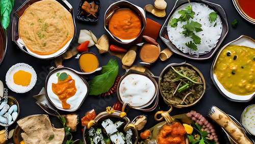 Assorted indian food on black background. © Armin