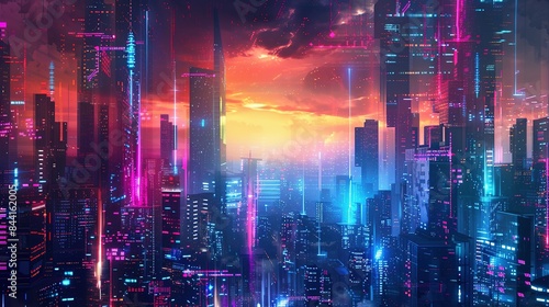 Wallpaper Mural Abstract digital cityscape with skyscrapers and neon lights. A Vision of Urban Futurism Where Skyscrapers Pierce the Night Sky Bathed in Radiant Glow Torontodigital.ca