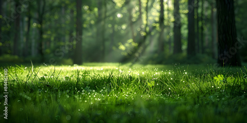 forest scene with tall green grass and trees, bathed in the warm glow of sunlight filtering through the canopy.
