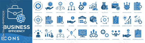 Business Efficiency icon set. Process Automation, Time Management, Workflow Optimization, Resource Allocation, Productivity Tools, Performance Analytics and Cost Reduction