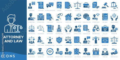 Attorney and Law icon set. Legal Advice, Court Paper, Attorney Consultation, Law Book, Legal Document, Justice Scale and Lawyer Briefcase