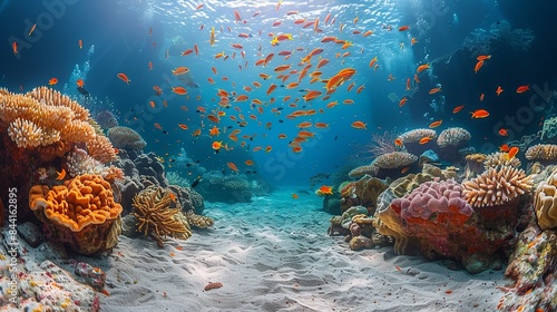 Fototapeta Naklejka Na Ścianę i Meble -  A mesmerizing underwater landscape with a sandy seabed leading up to a coral reef, where schools of fish swim in unison, creating a dazzling display. Dramatic Photo Style,