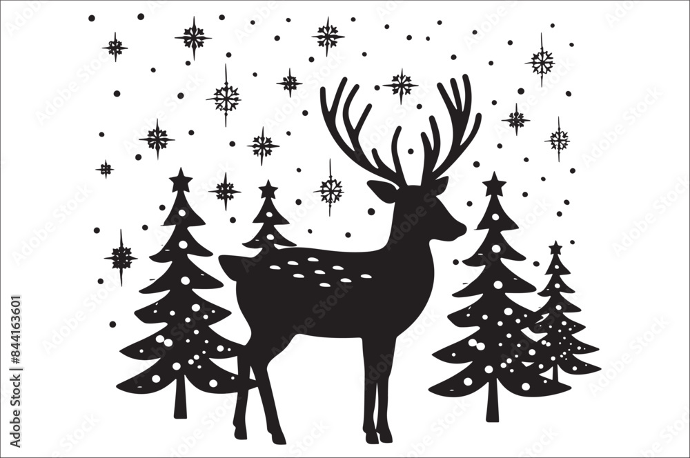 Christmas deer silhouette black vector art illustration. Raindeer silhouette vector. Christmas deer silhouette black vector art illustration. Raindeer silhouette vector.