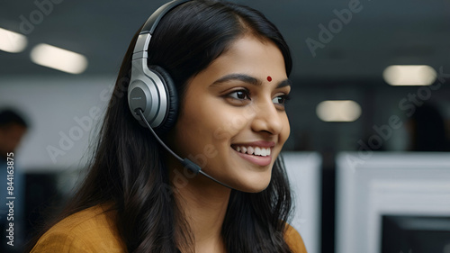 A photo of indian female customer service operator with headset and smiling, with collegues at background.
