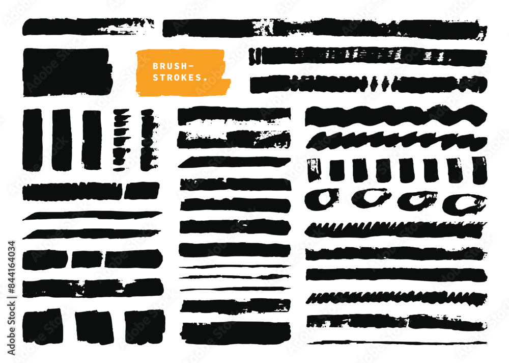 Obraz premium Black rough paint brush strokes element bundle. Hand drawn lines, circle, color block, square, and wavy shapes set. Creative painting graphic element. Rough and simple brushes.