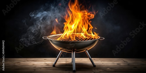 Flames Engulf An Empty Barbecue Grill, Ready To Cook A Delicious Meal. photo