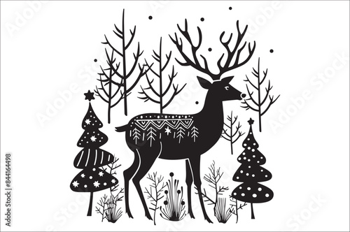 Christmas deer silhouette black vector art illustration. Raindeer silhouette vector.