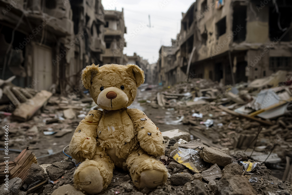 A teddy bear is sitting on a pile of rubble in a city A teddy bear is sitting on a pile of rubble in a city