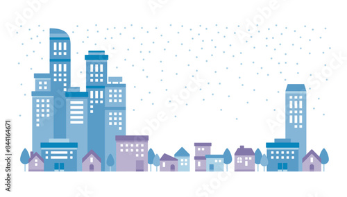 雪が降る都会のビルと街並みのシンプルなかわいい背景イラスト