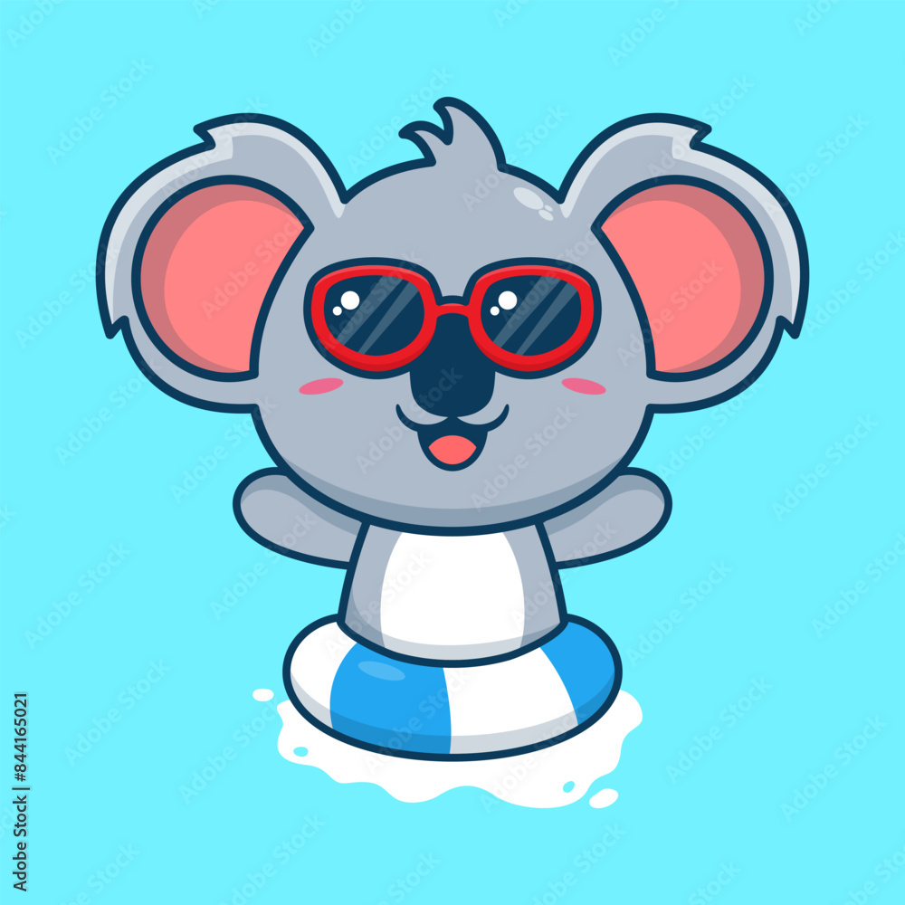 Vector cute koala in sunglasses floating with swimming. flat cartoon style Vector cute koala in sunglasses floating with swimming. flat cartoon style