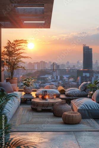 Aerial view of an opulent relaxation mat, adorned with plush cushions, located on a chic rooftop terrace overlooking a cityscape at sunset