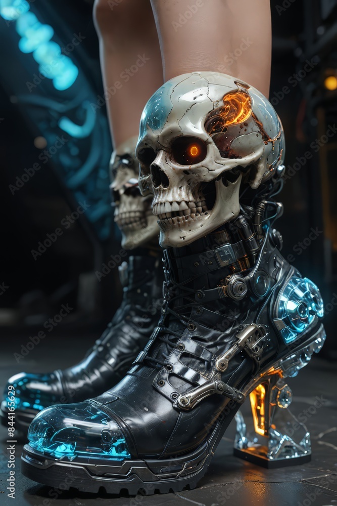 Futuristic Cyberpunk Boots with Skull Heel. Futuristic Cyberpunk Boots with Skull Heel.
