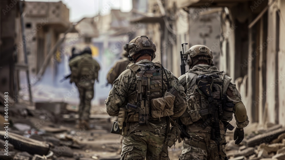 Special forces operatives moving stealthily through a war-torn city Special forces operatives moving stealthily through a war-torn city