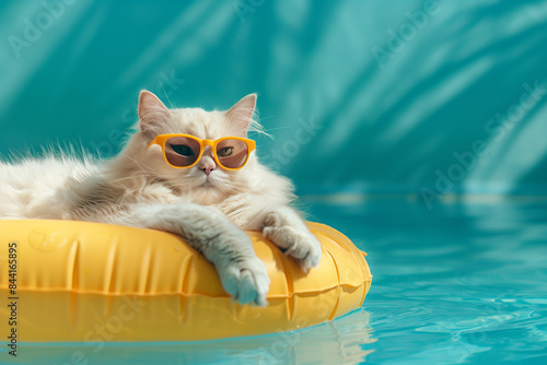 Wallpaper Mural cute cat with sunglasses enjoying summer in swimming pool laying in inflatable tube, humour with summer vibes Torontodigital.ca