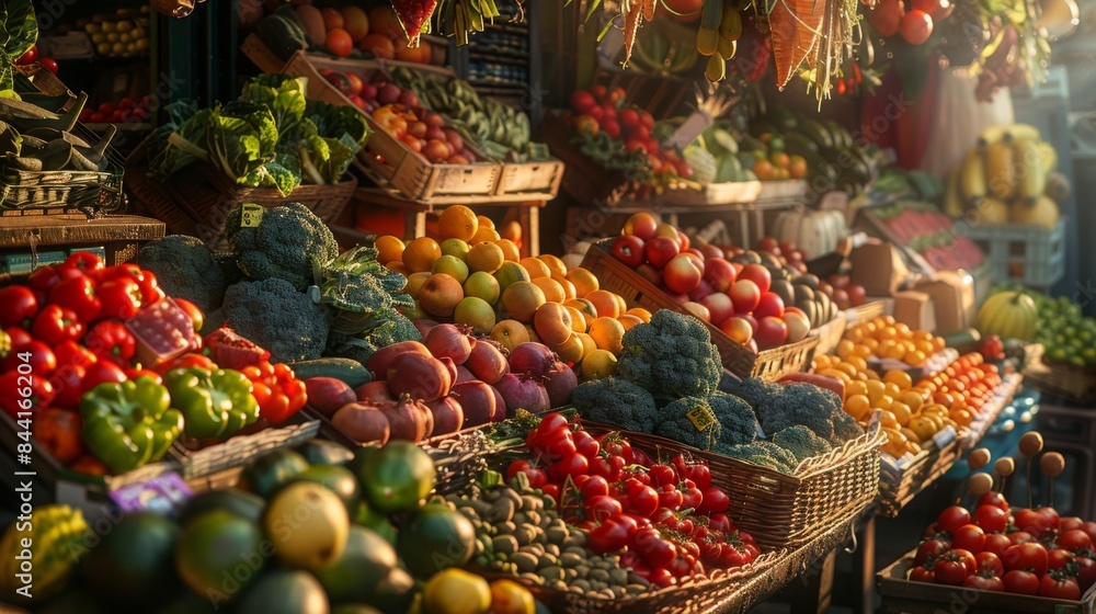 Obraz premium A vibrant farmers market stall overflowing with fresh, colorful fruits and vegetables.