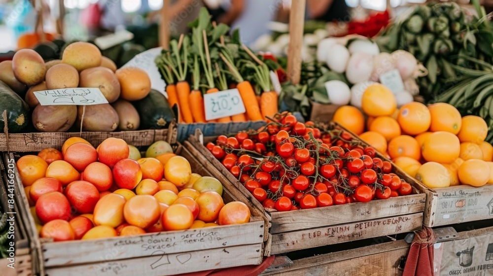 A vibrant farmers market stall overflowing with fresh, colorful fruits and vegetables. A vibrant farmers market stall overflowing with fresh, colorful fruits and vegetables.
