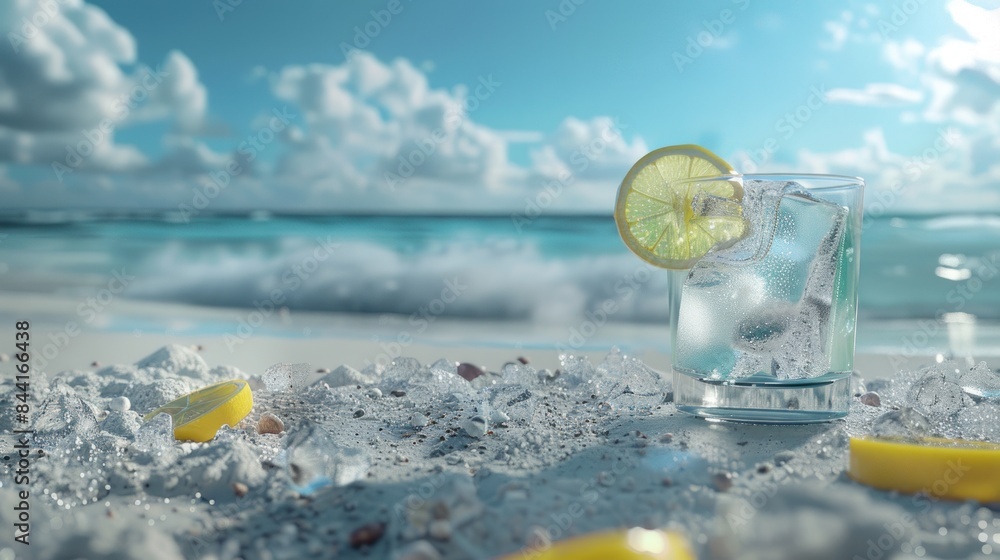 Obraz premium glass of iced lemon on beach sand in summer