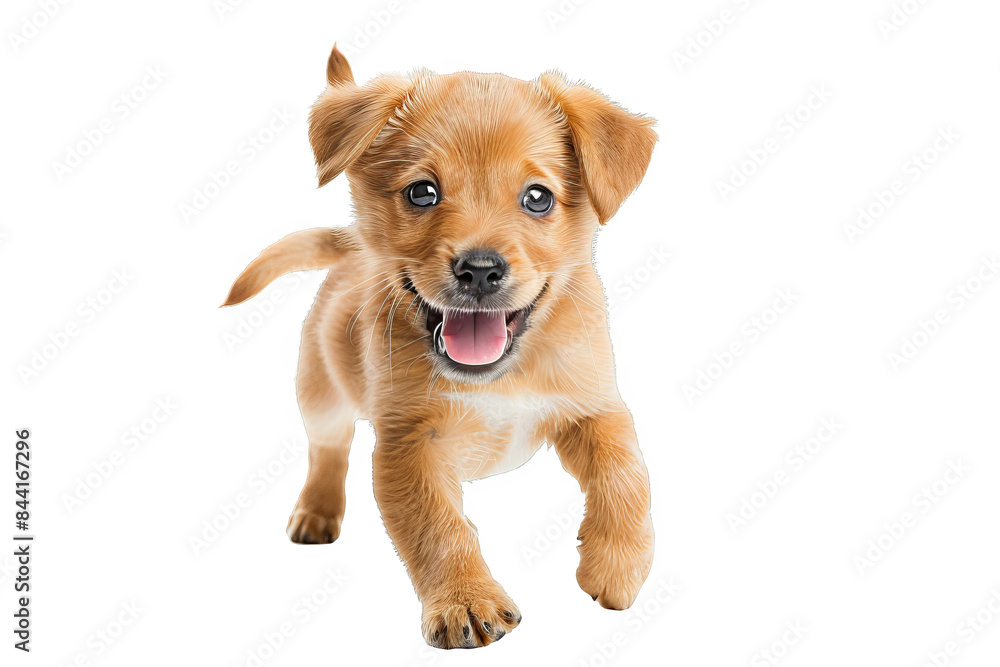 A playful puppy with a wagging tail, isolated on white background, exuding happiness and readiness for fun-filled adventures A playful puppy with a wagging tail, isolated on white background, exuding happiness and readiness for fun-filled adventures