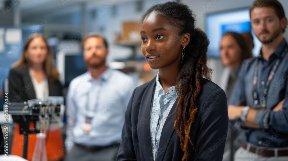 A young woman of color proudly presenting her hydrogen fuel cell prototype to a team of investors. A young woman of color proudly presenting her hydrogen fuel cell prototype to a team of investors.