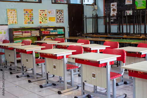 Empty class room of elementary school, Desks, chairs and white board in the elementary school, Interior of an empty class