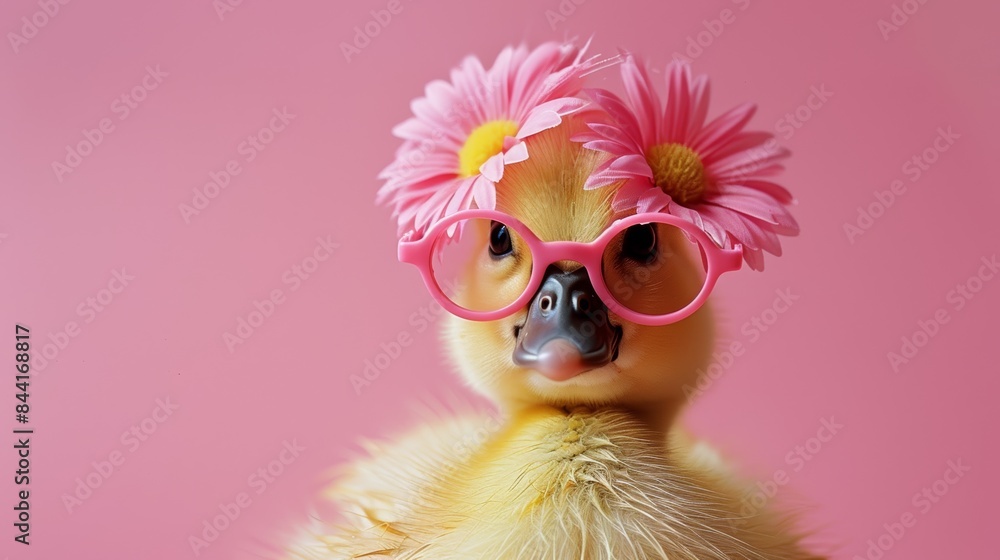A cute yellow duckling wearing pink glasses and a flower crown, looking directly at the camera. A cute yellow duckling wearing pink glasses and a flower crown, looking directly at the camera.