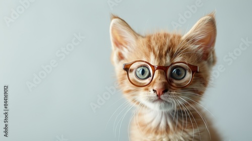Cute ginger kitten wearing round glasses looking at the camera with a curious expression.