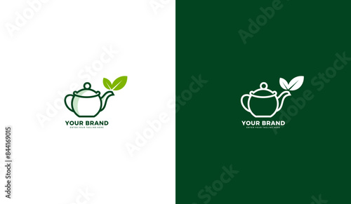 Green tea leaf teapot logo. Teapot and tea leaves icon. Graphic vector illustration design