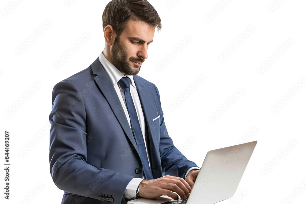Isolated on white background, a businessman with a laptop, focused and typing, symbolizing productivity and modern corporate work culture Isolated on white background, a businessman with a laptop, focused and typing, symbolizing productivity and modern corporate work culture