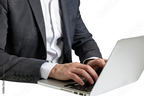 Isolated on white background, a businessman with a laptop, focused and typing, symbolizing productivity and modern corporate work culture