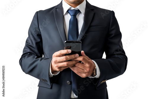 A businessman in a suit with a smartphone, isolated on white background, symbolizing connectivity, communication, and modern business operations