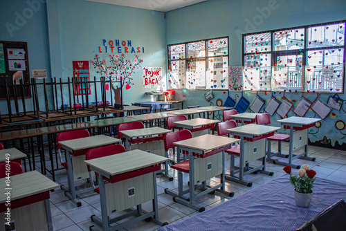 Empty class room of elementary school, Desks, chairs and white board in the elementary school, Interior of an empty class