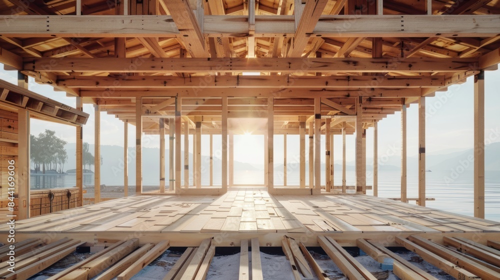 a house under construction. The wooden structure of the house has been installed, and it appears that several windows have also been installed. a house under construction. The wooden structure of the house has been installed, and it appears that several windows have also been installed.