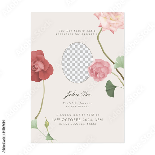 Floral funeral invitation template, minimalist roses on light brown background