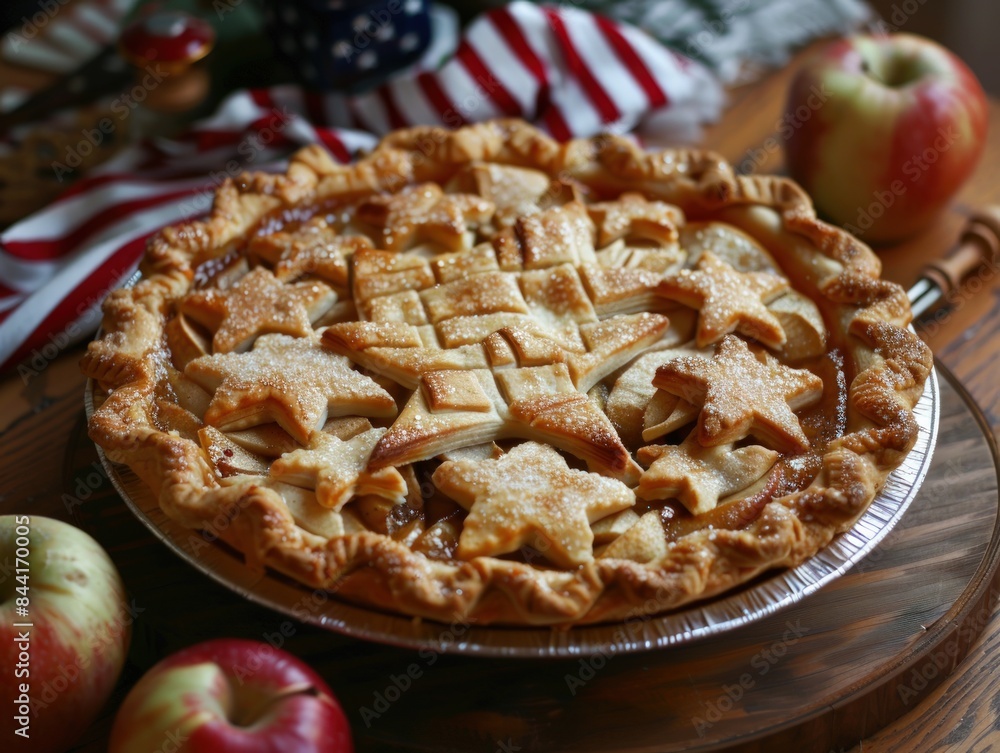 Pie With Stars On Top Of It Is On A Wooden Table, American Independence. Pie With Stars On Top Of It Is On A Wooden Table, American Independence.