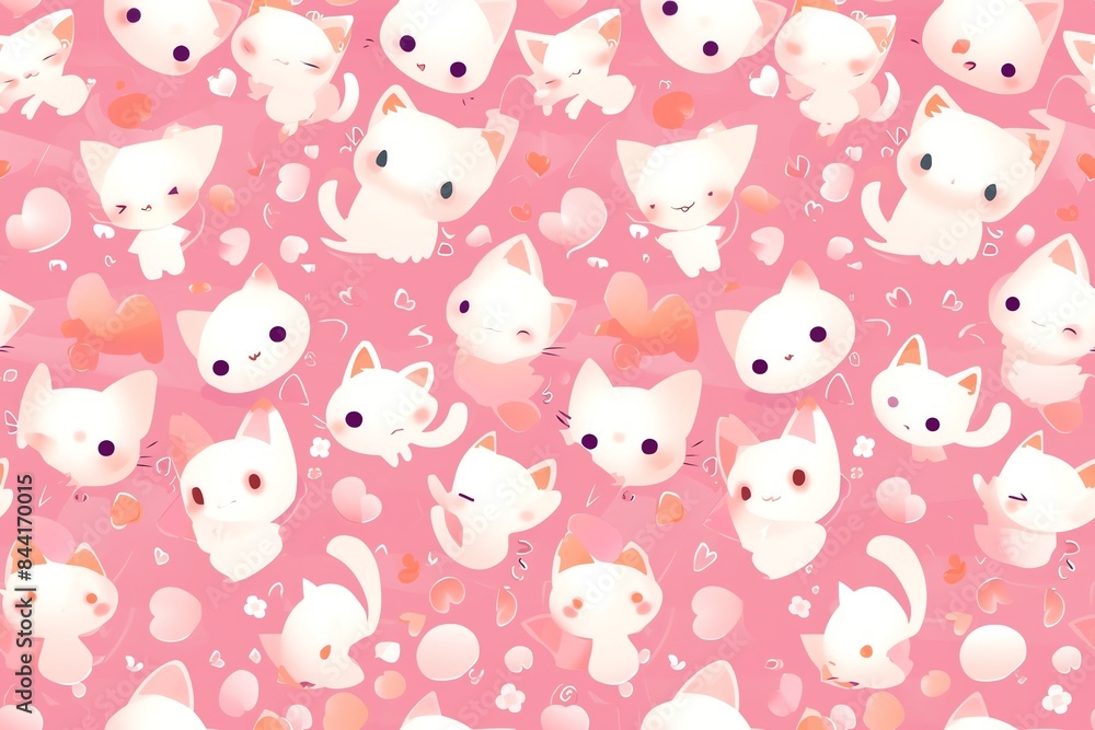 Fototapeta premium Cute kittens seamless pattern pink background
