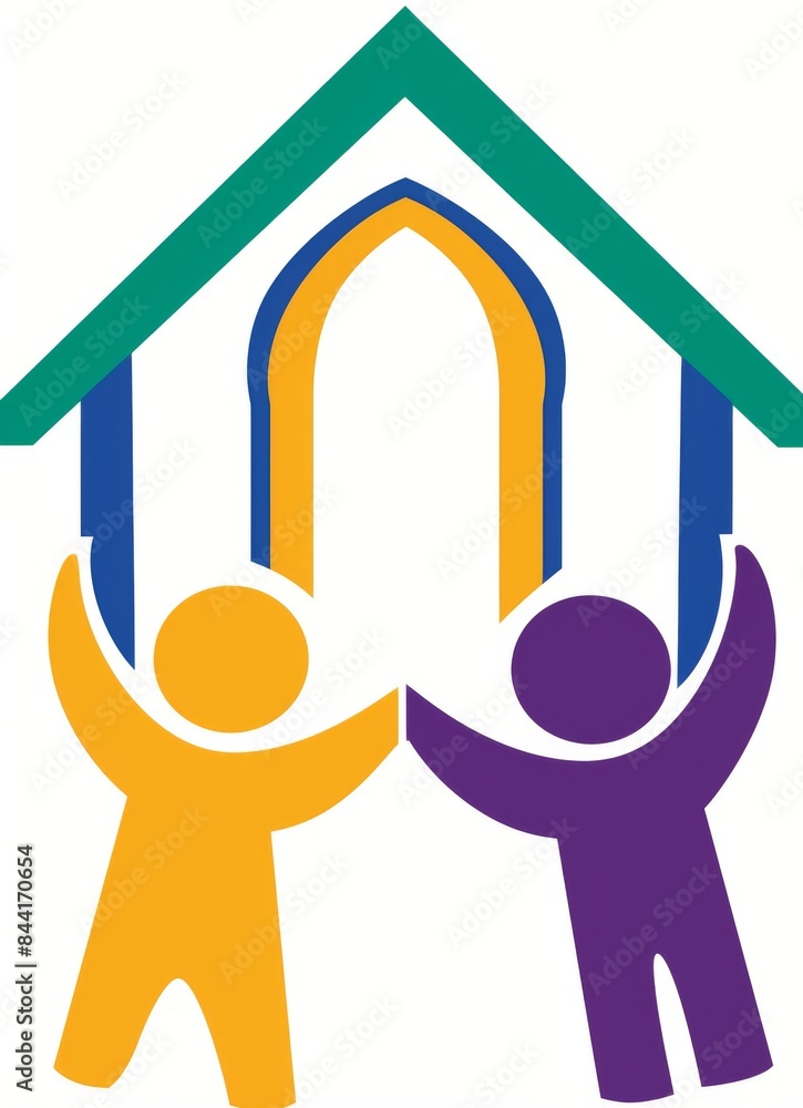family in house, Simple Line Art Logo of People Holding Hands Under a House Roof with Open Door in Multicolor Scheme for Children's Organization family in house, Simple Line Art Logo of People Holding Hands Under a House Roof with Open Door in Multicolor Scheme for Children's Organization