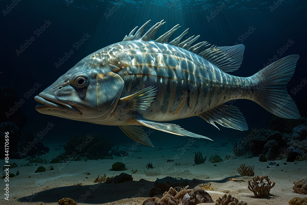 Fototapeta premium Grouper in the deep blue sea, capturing the vibrant underwater fish world. Ideal for marine life and ocean-themed projects.