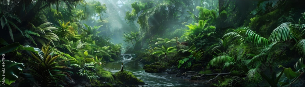 A lush jungle scene with a river running through it A lush jungle scene with a river running through it