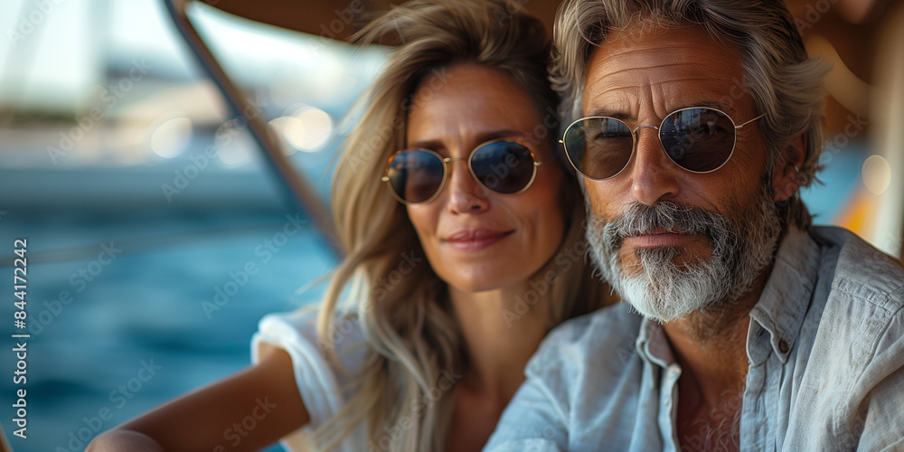 happy mature couple yachting in the sea happy mature couple yachting in the sea