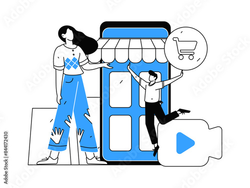 Internet celebrity live broadcast with goods vector internet hand drawn illustration
