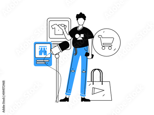 Internet celebrity live broadcast with goods vector internet hand drawn illustration
