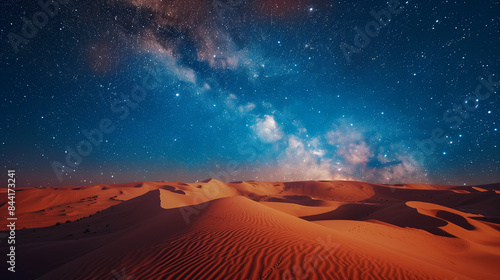 Desert landscape at night, Milky Way galaxy stretches across sky