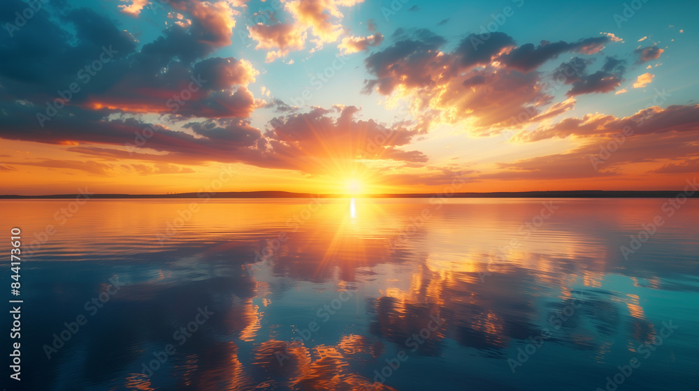 Setting sun over calm ocean creates fiery reflection, Setting sun over calm ocean creates fiery reflection,