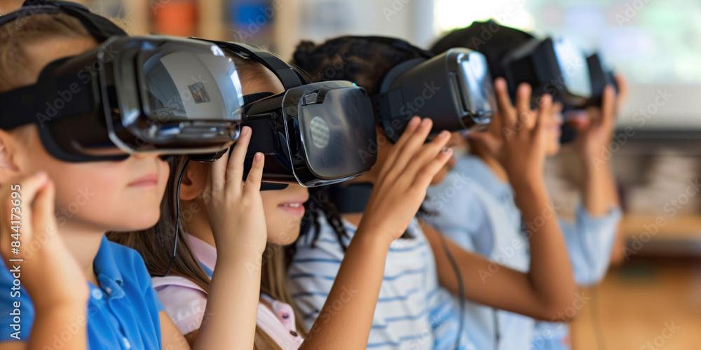 children in classroom wearing vr headset, using virtual reality to learn children in classroom wearing vr headset, using virtual reality to learn