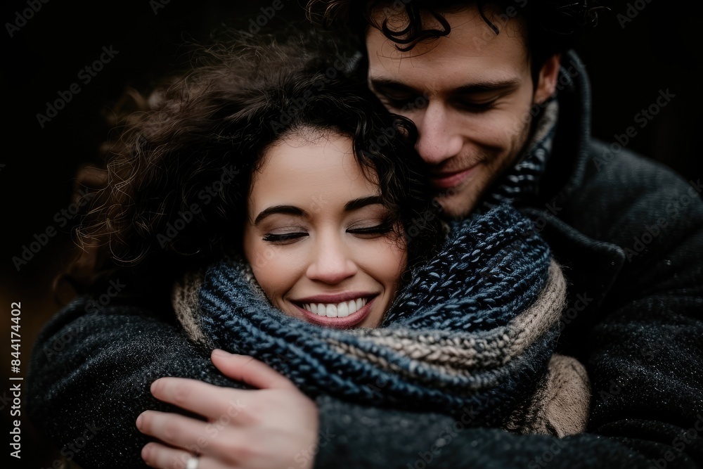 Obraz na plátně Winter Serenity with Hug: An In-Love Couple with Closed Eyes, Embracing the Warmth of Their Marriage in a Peaceful Cold Atmosphere