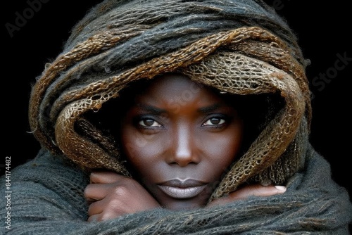 Cultural Enigma: A Mysterious Black Woman in Uganda Wears a Multi-layered Robe, Symbolizing the Rich Heritage and Grace of Africa. photo